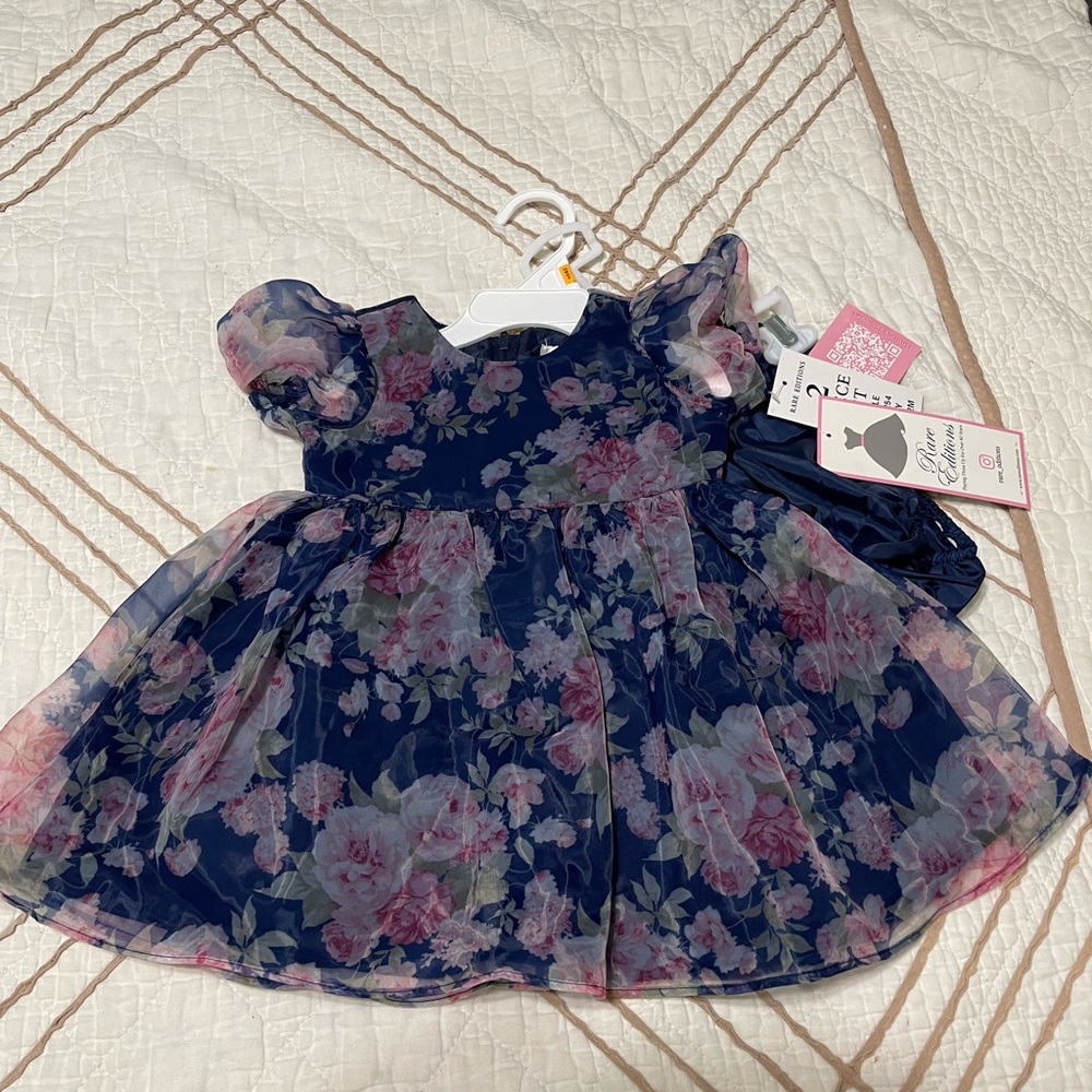 Rare Editions Navy and Pink Floral Dress